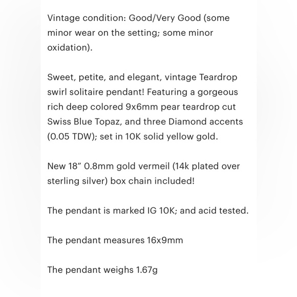 Vintage Swiss Blue Topaz Pendant: 10K Yellow Gold Diamond Accent - Picture 10 of 10